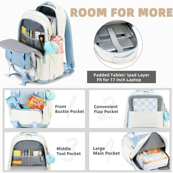 School Backpack for Girls Women 15.6 Laptop Bookbag Travel Kids Elementary - Picture 3 of 6